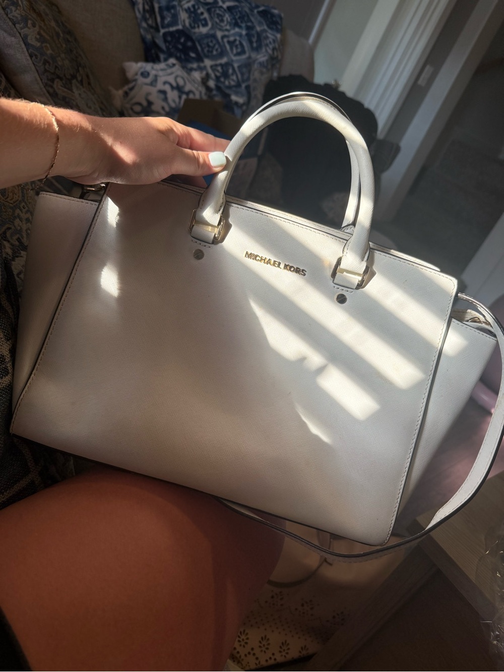 Michael Kors Ivory Leather Satchel with Gold Hardware
